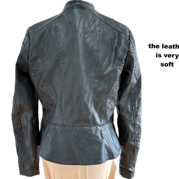 jacket leather BACCINI S black soft zip front zip pockets peplum hem vintage - Picture 4 of 15